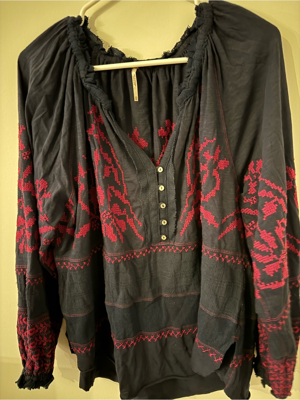 Free People Persuasion Navy Top Embroidered Mesh Pullover Extra Small boho - Picture 7 of 7